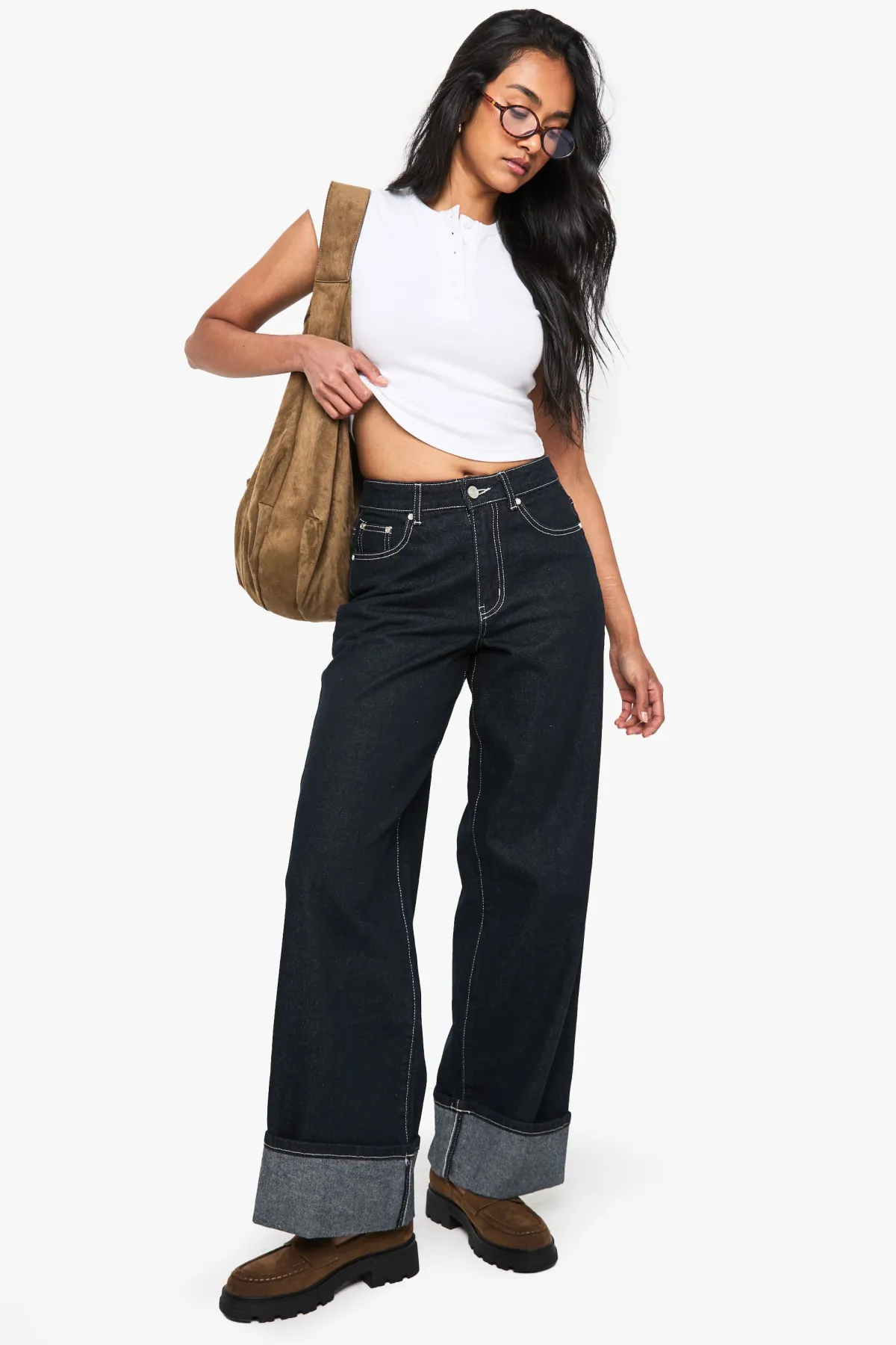 boohoo Indigo Profond Jean Large à Ourlet Retroussé<Femme Denim|Jeans