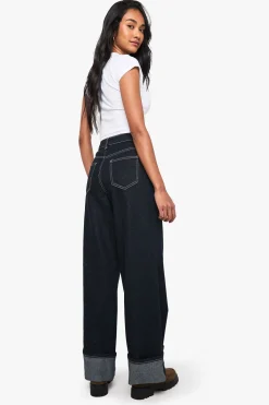 boohoo Indigo Profond Jean Large à Ourlet Retroussé<Femme Denim|Jeans