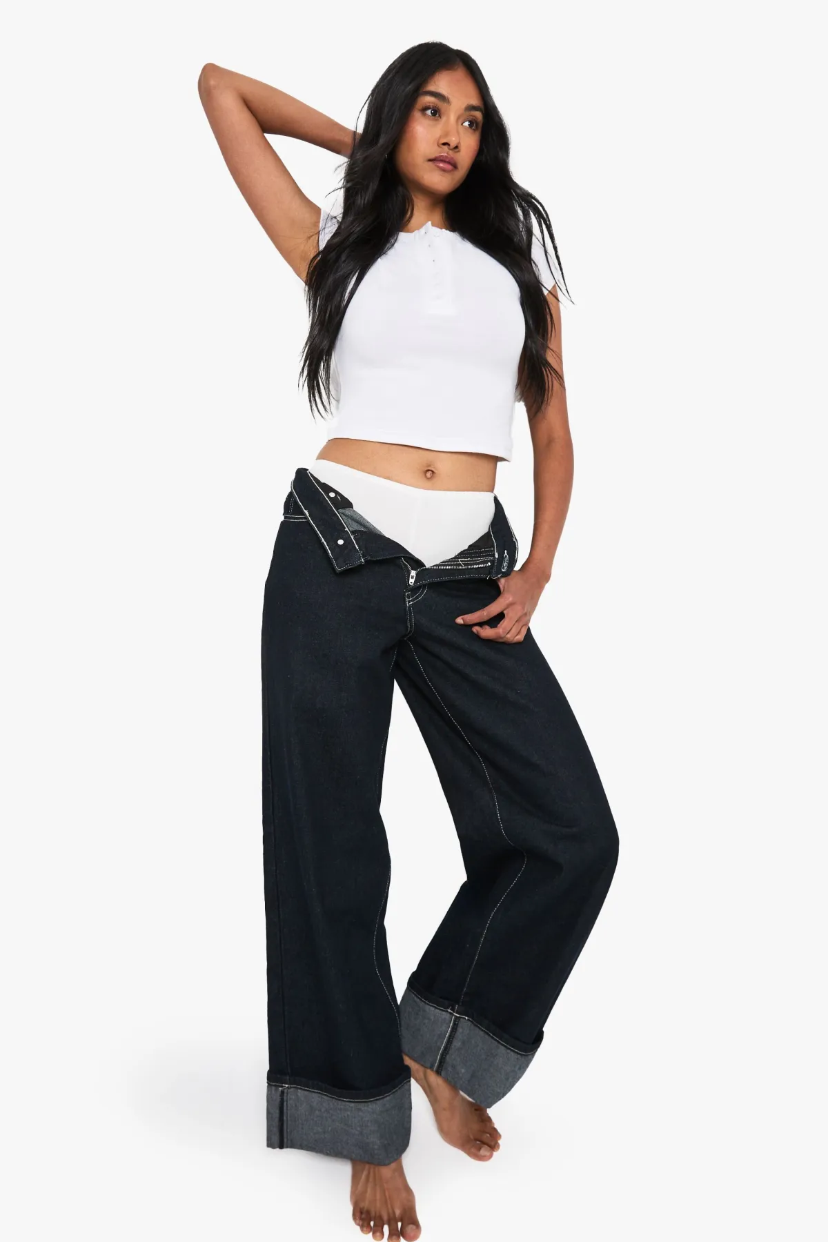 boohoo Indigo Profond Jean Large à Ourlet Retroussé<Femme Denim|Jeans