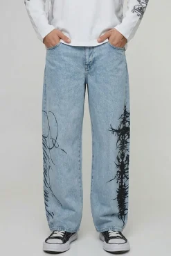boohooMAN Jean Ample Broderie Graphique Gothique<Homme Jeans Grande Taille|Denim