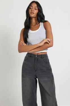 Jean ample taille mi-haute, coupe décontractée et jambe large pour grande taille