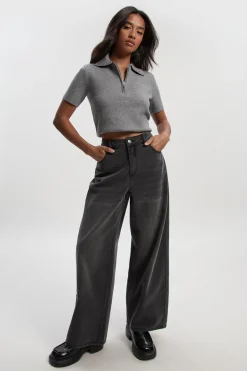 Jean ample à taille mi-hauteur, coupe décontractée et jambes larges – Petite