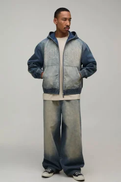 Jean Baggy Coordonné À Ourlet Parachute Brodé Effet Délavé