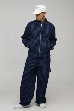 boohooMAN Jean Baggy Coupe Carpenter À Fines Rayures<Homme Ensembles|Denim