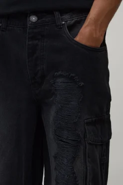 Jean Baggy Délavage Extrême Avec Détails Sangles Cargo