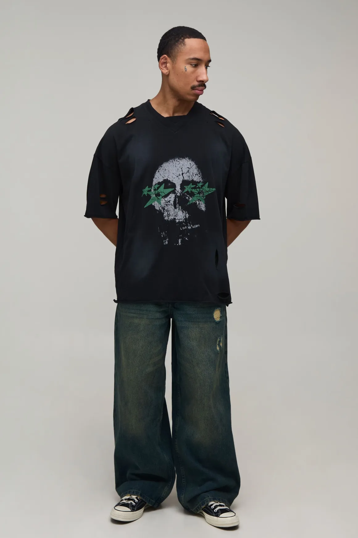 Jean Baggy Délavé Déchiré Teinté Vert