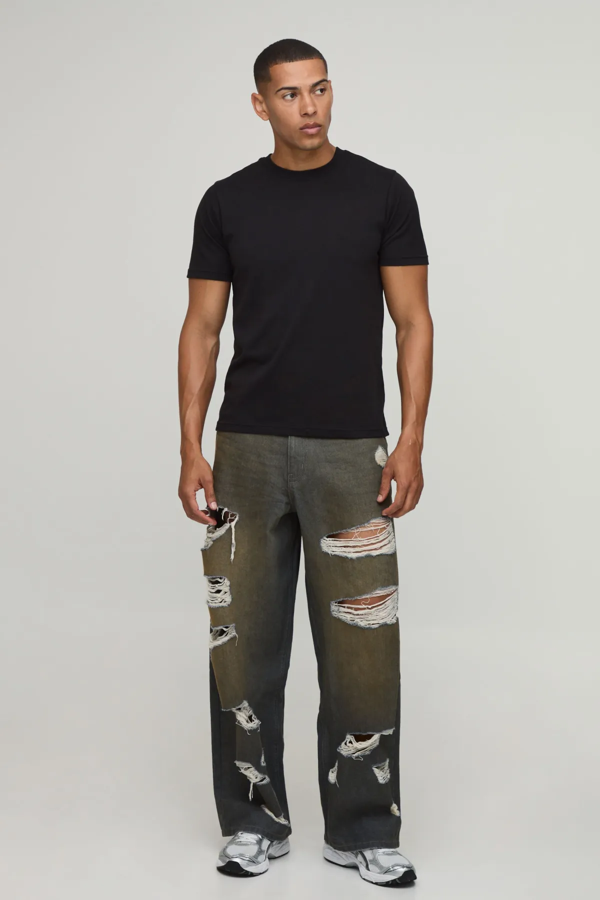 boohooMAN Jean Baggy Délavé À Déchirures Extrêmes<Homme Jeans Grande Taille|Denim