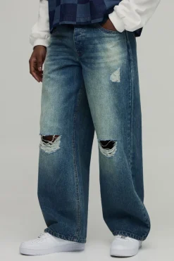 boohooMAN Jean Baggy Délavé à la Pierre avec Déchirures aux Genoux<Homme Denim|Denim