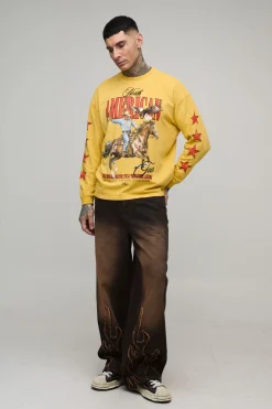 Jean Baggy Délavé Teinté avec Appliqué Flamme Haute