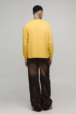 Jean Baggy Délavé Teinté avec Appliqué Flamme Haute