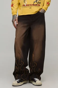 Jean Baggy Délavé Teinté avec Appliqué Flamme Haute