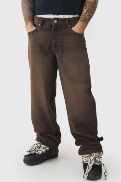 Jean baggy rigid à double ceinture en denim marron