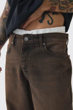 Jean baggy rigid à double ceinture en denim marron