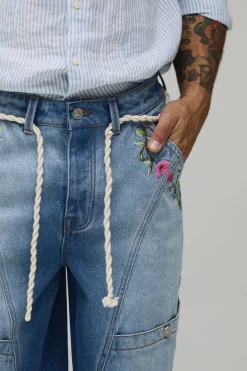 boohooMAN Jean Baggy Rigide Avec Ceinture Corde Florale<Homme Jeans Grande Taille|Denim