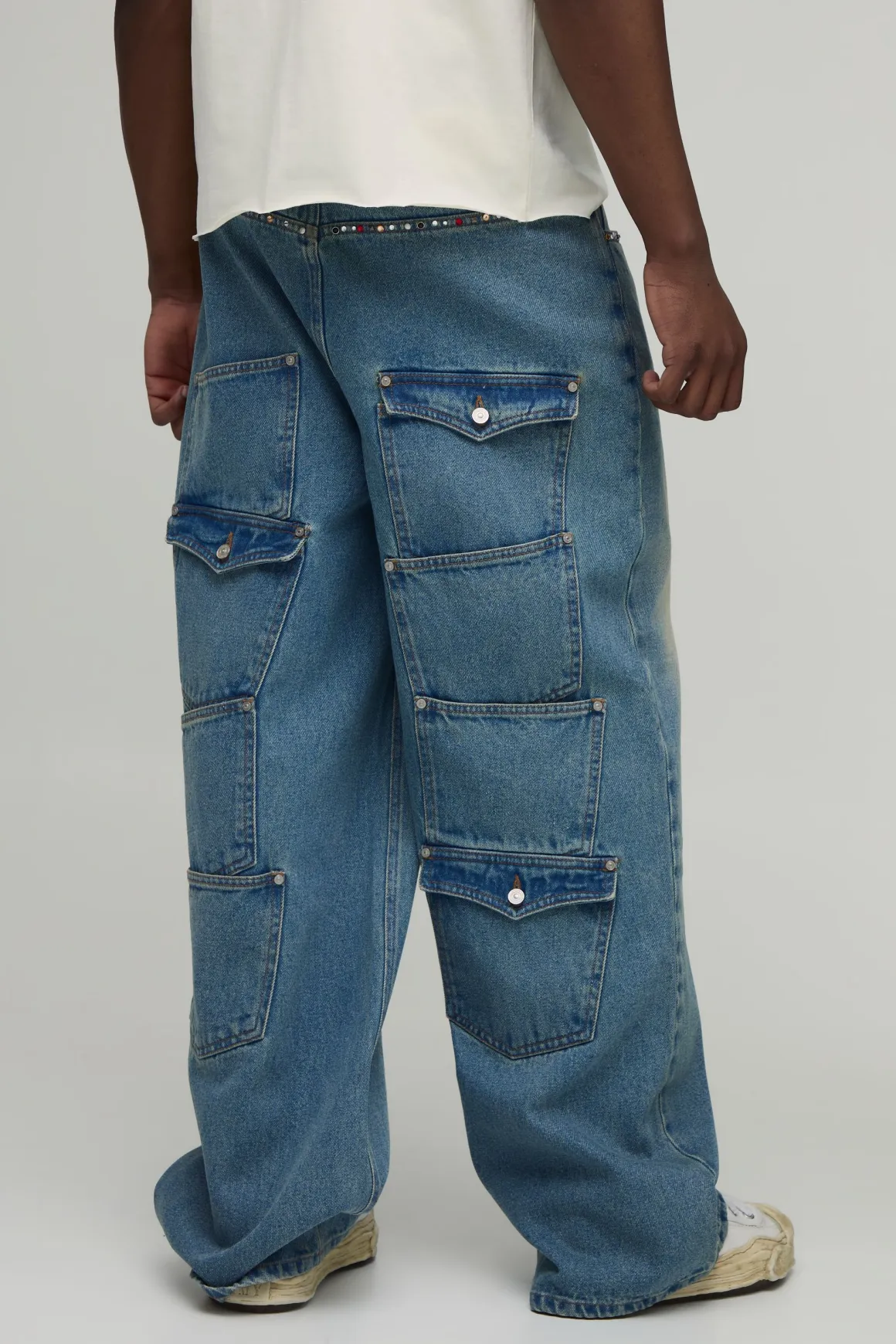 Jean Baggy Taille Haute Multi-poches Avec Ornements Strass