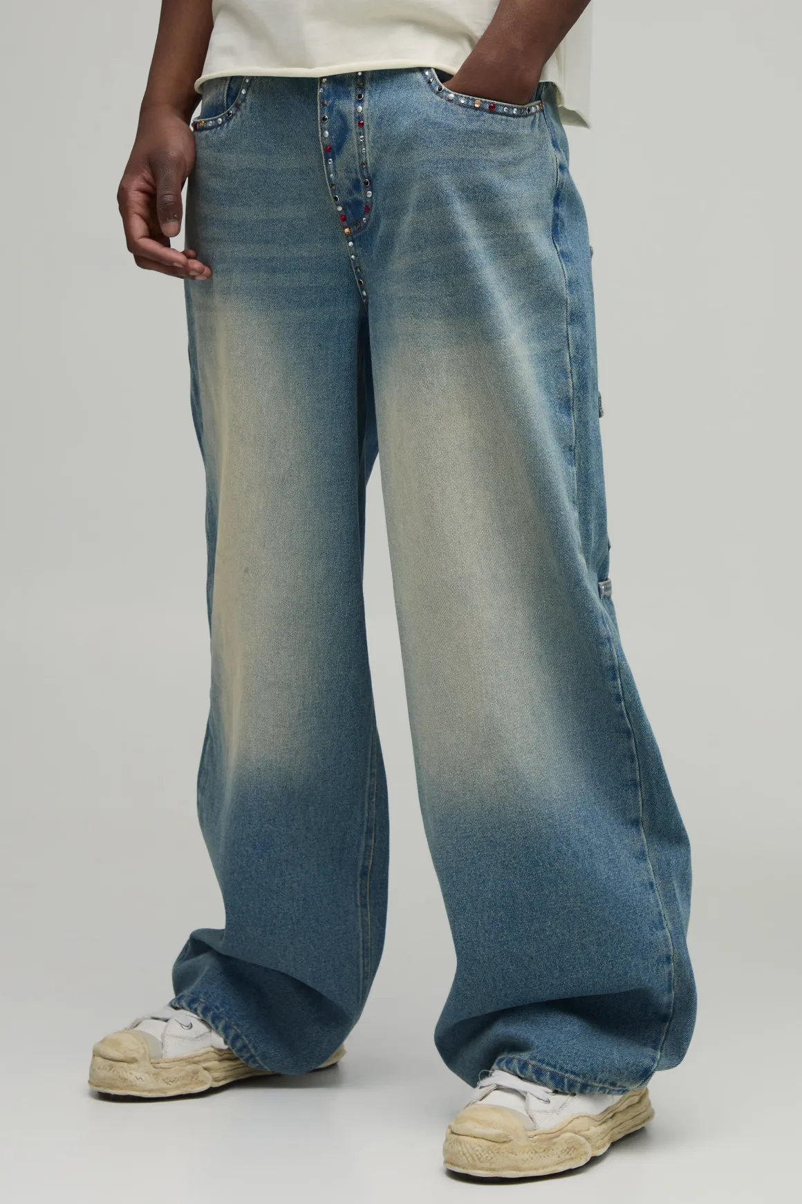 Jean Baggy Taille Haute Multi-poches Avec Ornements Strass