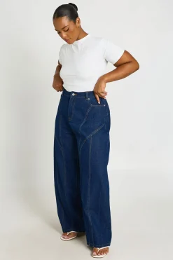 Jean Barrel Grande Taille Taille Mi-haute Avec Détails De Coutures Contrastantes