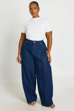 Jean Barrel Grande Taille Taille Mi-haute Avec Détails De Coutures Contrastantes