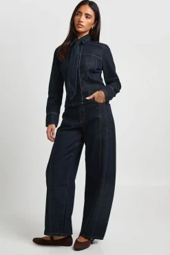 Jean Barrel Taille Haute À Détails De Coutures