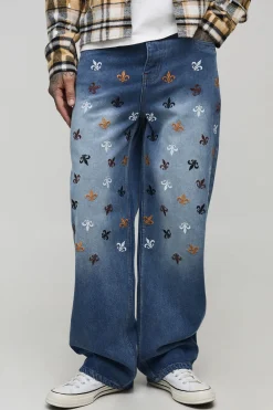 boohooMAN Jean brodé à la fleur de lis, taille haute, coupe décontractée et structurée<Homme Denim|Tout Afficher