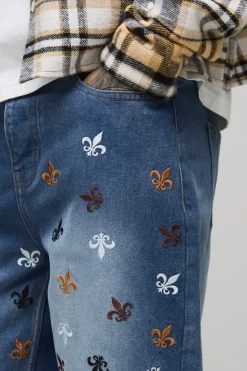 boohooMAN Jean brodé à la fleur de lis, taille haute, coupe décontractée et structurée<Homme Denim|Tout Afficher