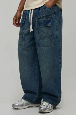 boohooMAN Jean Cargo Ample À Cordon De Serrage Prolongé<Homme Denim|Denim