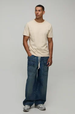 boohooMAN Jean Cargo Ample À Cordon De Serrage Prolongé<Homme Denim|Denim