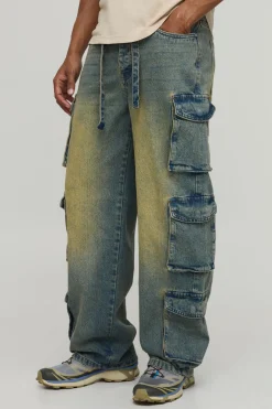 Jean Cargo Ceinturé Effet Délavé Multi-poches