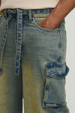 Jean Cargo Ceinturé Effet Délavé Multi-poches