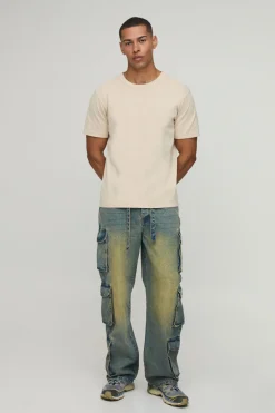 Jean Cargo Ceinturé Effet Délavé Multi-poches