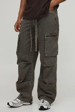 Jean Cargo Coupe Décontractée Ceinturée À Genoux Plissés