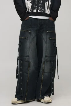 Jean cargo délavé super baggy avec détails de sangle