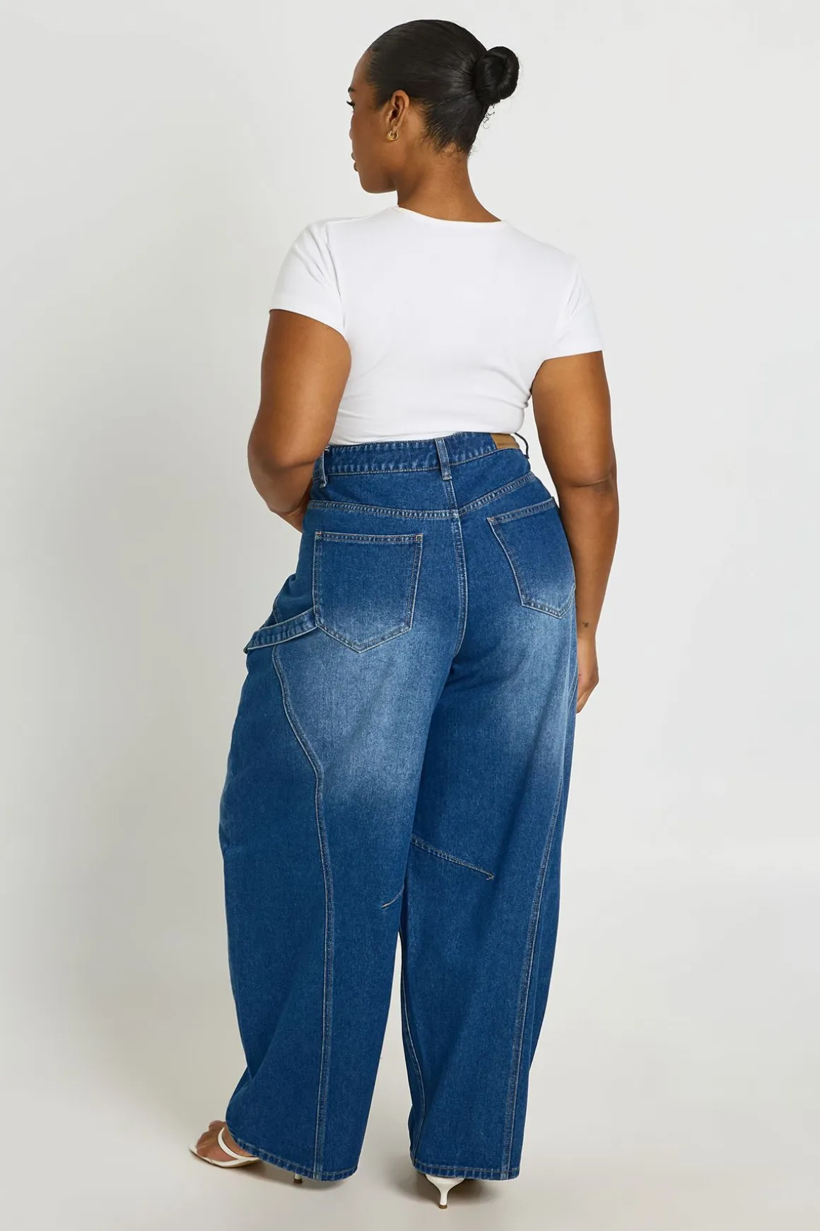 Jean Cargo Grande Taille Taille Mi-haute Coupe Baril Utilitaire