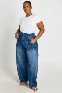 Jean Cargo Grande Taille Taille Mi-haute Coupe Baril Utilitaire
