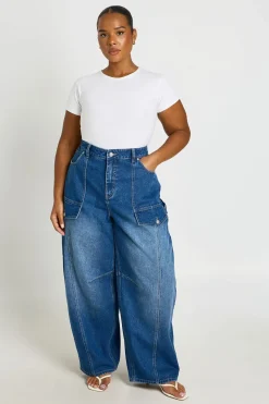 Jean Cargo Grande Taille Taille Mi-haute Coupe Baril Utilitaire