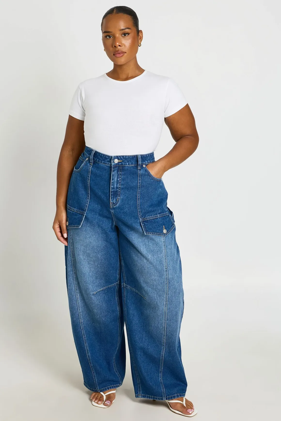 Jean Cargo Grande Taille Taille Mi-haute Coupe Baril Utilitaire