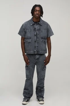 boohooMAN Jean Cargo Évasé En Denim Chevron<Homme Ensembles|Denim