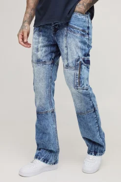 Jean cargo évasé à panneaux en acid wash pour grande taille