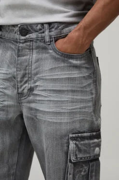 boohooMAN Jean Cargo Évasé Slim À Effet Délavage Froissé<Homme Denim|Denim