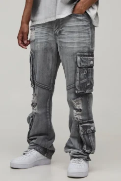 boohooMAN Jean Cargo Évasé Slim À Effet Délavage Froissé<Homme Denim|Denim