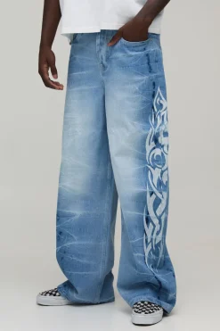 Jean Coupe Ample Imprimé Tribal Effet Tie-dye Délavé