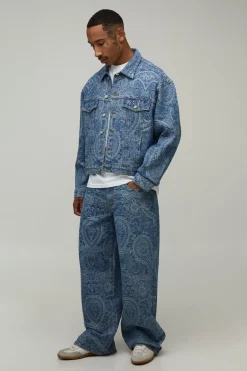 boohooMAN Jean Coupe Ample À Jacquard Paisley Effet Délavé Vintage<Homme Ensembles|Denim
