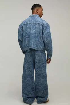 boohooMAN Jean Coupe Ample À Jacquard Paisley Effet Délavé Vintage<Homme Ensembles|Denim