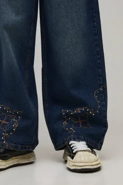 Jean Coupe Baggy avec Broderie Western Cloutée à l'Ourlet