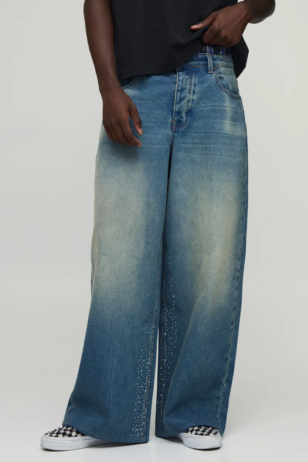 boohooMAN Jean Coupe Baggy avec Taille Factice et Strass<Homme Denim|Denim