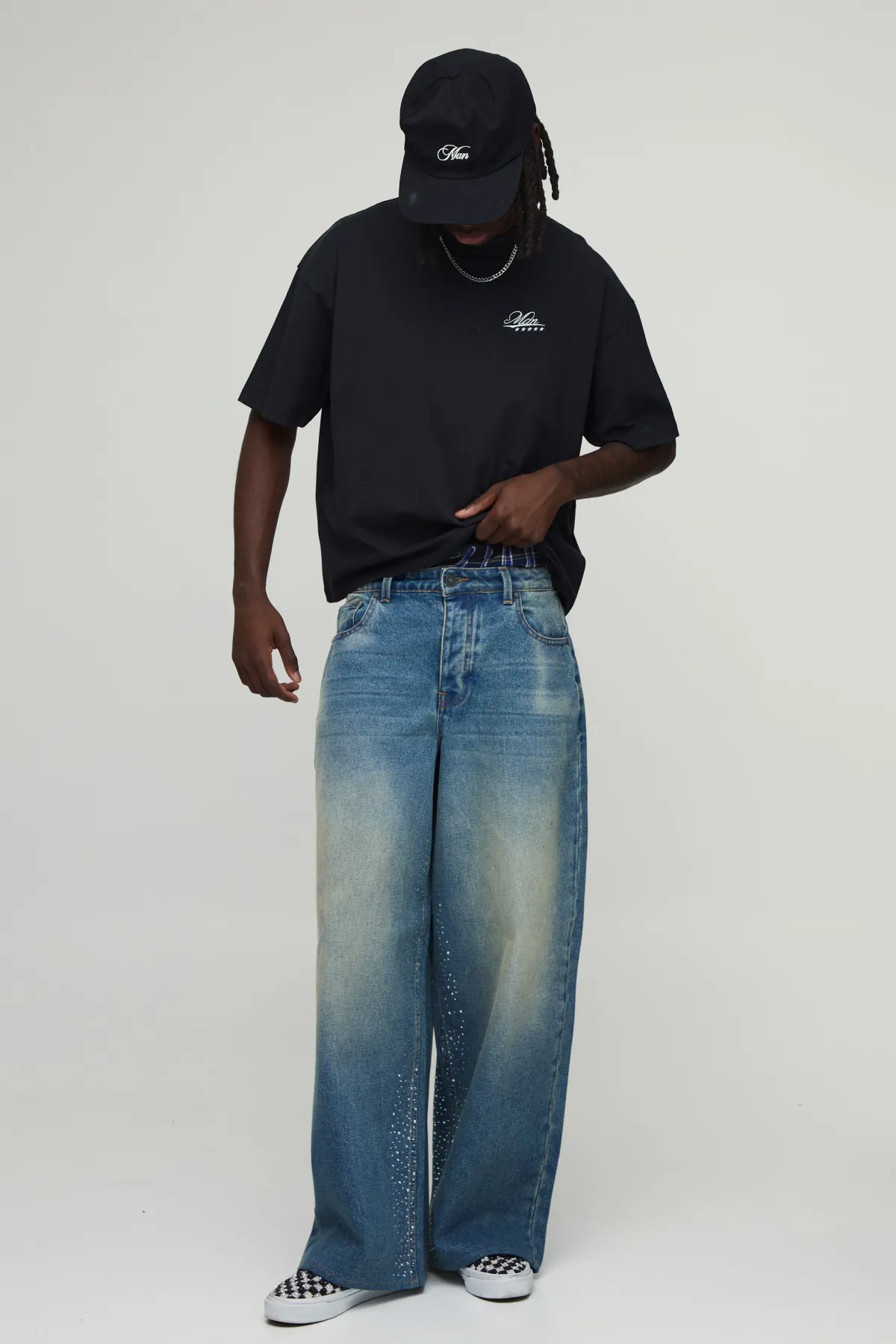boohooMAN Jean Coupe Baggy avec Taille Factice et Strass<Homme Denim|Denim