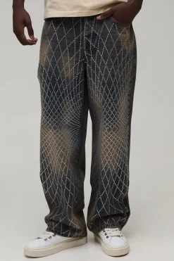 Jean Coupe Décontractée Délavage Vintage Motif Géométrique Strass