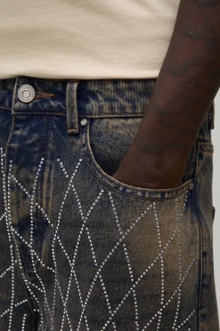 Jean Coupe Décontractée Délavage Vintage Motif Géométrique Strass