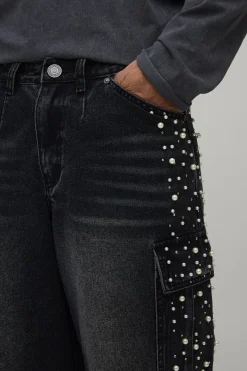 Jean Coupe Parachute Délavé Orné De Perles Et Strass