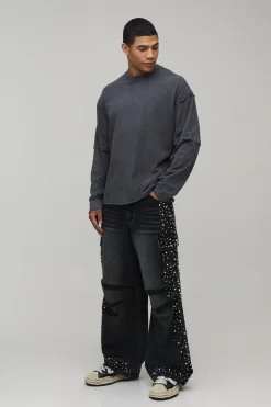 Jean Coupe Parachute Délavé Orné De Perles Et Strass